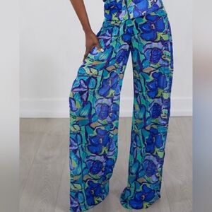 Vibrant Blue Green SHEER Wide Leg Wildbloom Trousers By Rendoll EUC